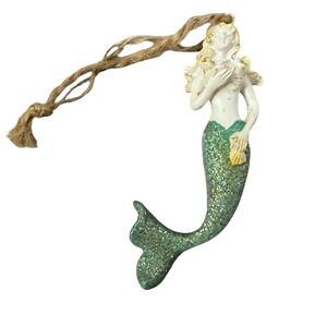 Vintage Mermaid Hanging Ornament Green Glitter Tail Blonde Hair Nautical 4.5"